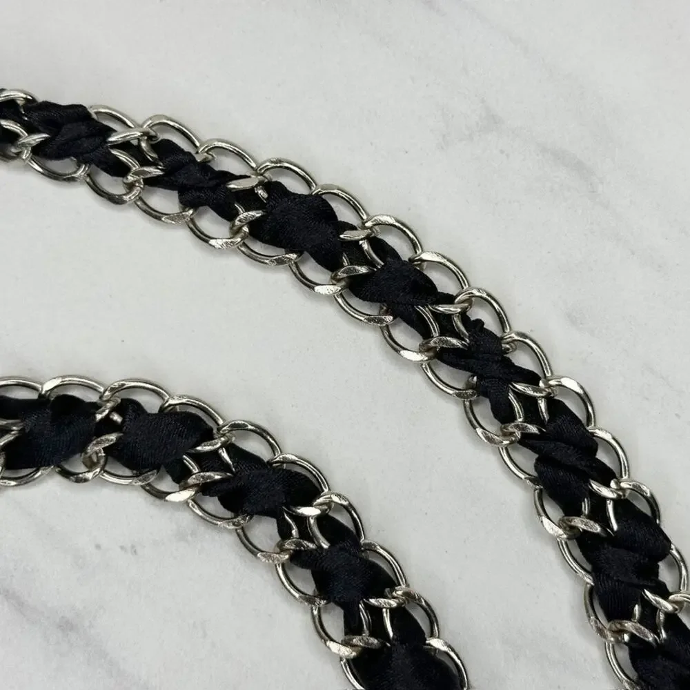 Black Ribbon Woven Silver Tone Chain Link Belt One Size (OS) ✨